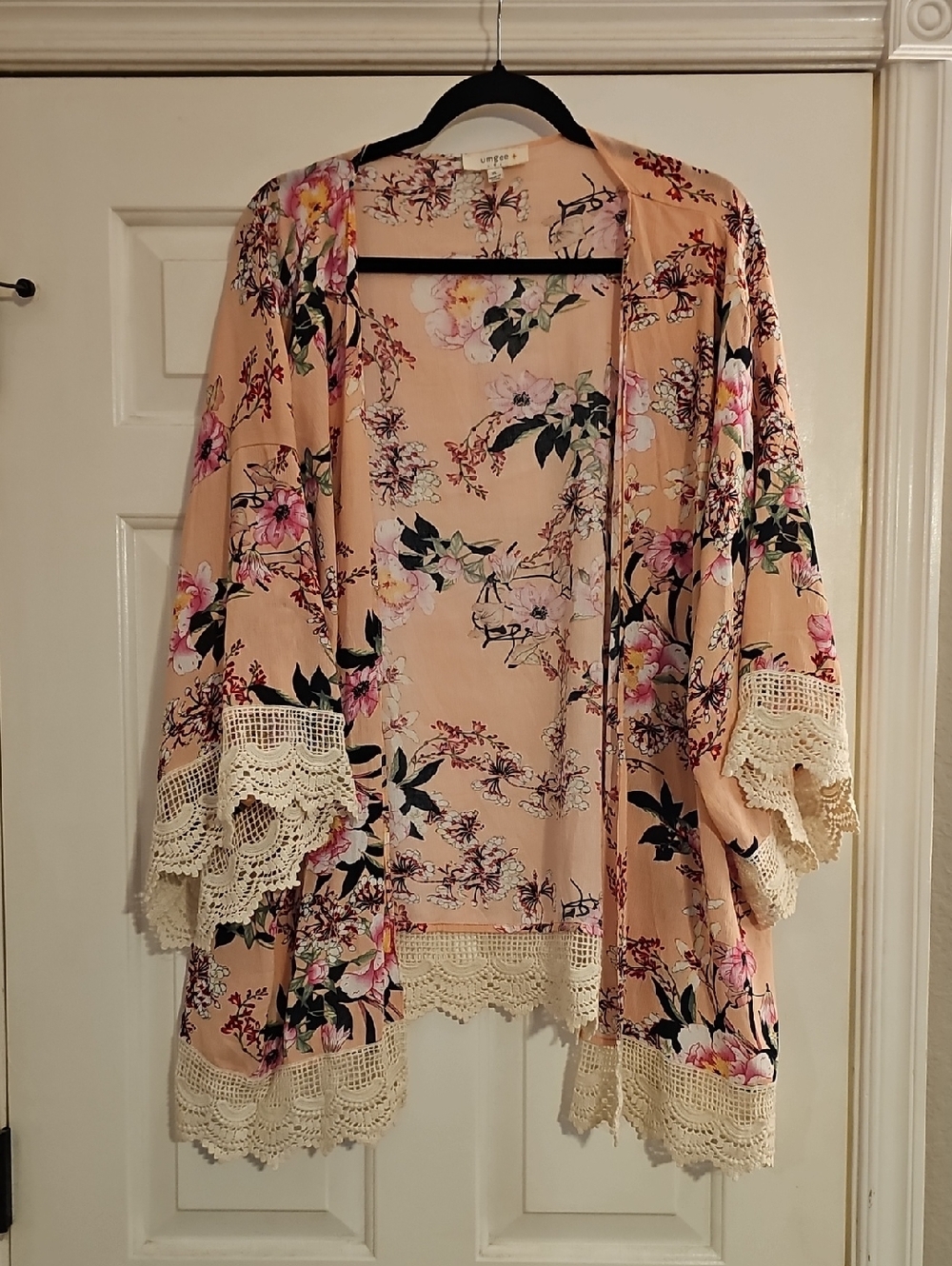Umgee Peach Floral Open Front Cover-Up with Crochet Trim